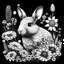 Placeholder: black and white Patagonian Mara between seeds and big flowers black background. for a coloring. with grayscale