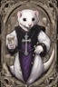 Placeholder: (anthropomorphic white ferret),dressed in ((cleric fantasy)) black clothes with silver holy ornaments, realistic anatomy, holy symbols around, serious face, hold holy cross symbol, tired face, in the style of LOISH, look at the vivewer, cute face, fantasy inspire, fantasy church on background with sunshine, gloomy atmosphere, high angle shot, purple armband