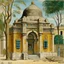 Placeholder: A tan rocky temple with an elephant designed in African pottery painted by Maurice Utrillo