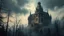 Placeholder: a serial killer castle in the woods on a mountain, by Alphonse Mucha and simon bisley, very beautiful, highly detailed, hyperrealistic, intricate, symmetry, cinematic, swirling fog, trending on artstation, 4k, hd,