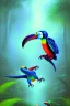 Placeholder: blue spider fight with one toucan, jungle setting, soft pastel colors, mystical, acrylic paint, mystical, dreamlike,