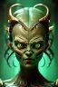 Placeholder: Alien Satan, delicate, large green square eyes, intricate gold markings on face, cyberpunk, powerful, horror, sharp focus, octane render, post-processing, epic composition, elegant, studio lighting, fiona staples, mandy jurgens, david finch, guillermo del toro