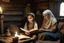 Placeholder: A close-up scene of an Arab mother reading the story from a book with her children around her in the room of the old wooden house near the fireplace 100 years ago.