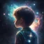 Placeholder: view from behind, long shot, a boy made of ethereal stardust, view from side, outer space setting