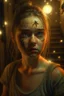 Placeholder: portrait of young angry washing lady with twisted makeup, fireflies , staircase hall, 4 k, down light, depth of field, trending on art station, high detail, cracked ground