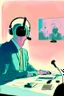 Placeholder: A simultaneous interpreter is sitting at a table with headphones with a microphone on his headphones at a foreign briefing, the background is blurred, everything is in pastel colors,