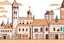 Placeholder: Scene foreground, background, middle ground with que, framed by alleyways, in front of a building in a not scary hell, Middle Ages style, an exaggerated long que of people outside the building, waiting in line, style: children’s book illustration, flat vector-like, no shadow, minimalistic, no outline, realistic colors in orange, red shades