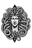 Placeholder: a 12 sided star with snakes head as the points, each snake has a different expression. like greek statue of medusa. a black drawing in the style of gustav dore. on a white background