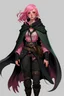 Placeholder: beautiful half elf with pink hair in a black jumpsuit and cloak dnd