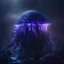 Placeholder: Close-up of Gorgeous dark hooded jellyfish-man in dark night heavy fog