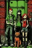 Placeholder: Act like a book cover designer. Use graffiti style. Three teenagers (13-15 years old) - two boys and a girl with a grimy black cat. Second plan: punk rocker with red mohawk at the brick wall with green door. Enviroment: old town.