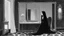 Placeholder: [art by Charles Addams] Morticia Addams sits in front of a mirror at a vanity, in her room