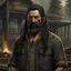 Placeholder: The large and furious black haired lumberyard owner "Big K" grimdark realistic apocalypse survivor