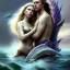 Placeholder: A beautiful portrait of a fusion of Scarlett Johansson and Reese Witherspoon as a mermaid , leaning on a ships deck ,Rough sea in the background, a shark,snails, seashells (digitall art by Eugene de Blaas and Ross Tran, vibrant color scheme, highly detailed, in the style of romanticism, cinematic, artstation best quality, realistic lighting, masterpiece portrait, details light dusting , cowboy shot from above, simple chain hauberk Vector art digital illustration 3D shading )