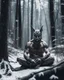 Placeholder: man sitting on a throne in a relaxed laid back style, middle of a snowy forest, muscular athletic physique, wearing a japanese Hannya demon mask over face, cinematic greyish filter