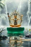 Placeholder: action figure of a glossed and transparent chained and crucified electric female duck yoga master on round swamp transparent glass boat eye throne in a charged foggy jungle starry waterfall, blur background to make character pop out