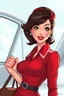 Placeholder: realistic cartoon in the style of Francois Walthery's Natacha series of adventurous, beautiful brunette French stewardess lady, aged 50 posing in a tight, short, red uniform dress. She has green eyes, strong makeup, bright red lips and long lashes.