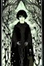 Placeholder: 7 year old boy, friendly, looks dead, with weird mushrooms growing out of him, wearing black robes, in the style of Harry Clarke