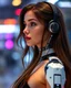 Placeholder: Beautiful woman super model brown long hair wearing earphones science fiction style humanoid half with full body cyborg mechanicals and cybernetics lights,she on standing sweet pose