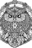 Placeholder: Mandala of Mechanical Owl with Full Moon, outlined in black and white with clear, thick lines for an adult coloring book, contour, vector, clean line art, isolated on a white background