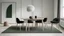 Placeholder: large room, fluffy wool rug, minimalist scandinavian interior. minimalist oak wood dining table and chairs, black, beige, green, white