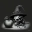 Placeholder: Realistic drawing of a Skull with a Witch hat, Skull has ghost eyes and is eating from a poison apple. Rat walks behind the skull.