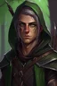 Placeholder: Portrait of 35 year old gender neutral rogue elf, thief assassin, mauve hair, bright green eyes, brown skin, black hood, black leather armor, messy, disheveled, trees, sneaky, bow and arrows, long and lean