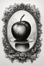 Placeholder: A realistic drawing in negative space black ink on white background of a apple in a mirror baroque with very defined and correct details and brushstrokes smoke around it