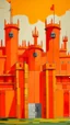 Placeholder: An orange colored fortress with swords painted by Piet Mondrian