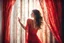 Placeholder: A beautiful brunette woman looks out from behind a red lace and silk curtain, holds the curtain with one hand and pulls it away in sunshine, watercolor and black ink outlines, sparkling golden glitter, ethereal, cinematic postprocessing, bokeh, dof