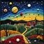 Placeholder: Felt art patchwork, clay, 3d deep field, creepy, Max Ernst, wide angle landscape scene of an odd village, stars and planets, needlepoint, abstract silhoutte, expressionist style, colorful holiday, Yves Tanguy