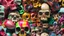 Placeholder: a picture of a dark, comedic, anatomically correct wall of colorful tightly packed skulls of varying sizes and expressions, photo realistic, insanely meticulous, highly detailed, part of a collection of bones on display, 64k, dystopian, vray