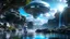 Placeholder: futuristic floating island suspended in the air, cities, fantasy, A woman with blond hair in a robotic silver catsuit, standing on the right of a partially submerged sleek crashed spaceship, on an alien beach, with towering alien trees, high details
