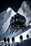 Placeholder: silhouette of a eight legs machine scaling a very steep snow covered side of mout everest at night, it has storage pods on its belly and humans can fit in the pods