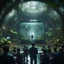 Placeholder: TED talk and video conference on transparent video screen with multiple sick aliens held by a scientist in dark lit reflective wet jungle metallic hall dome hotel tunnel, in the style of a fallout 4,bokeh like f/0.8, tilt-shift lens 8k, high detail, smooth render, down-light, unreal engine, prize winning