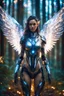 Placeholder: Close up Facing Front night photography Beautiful Angel woman cyborg,futuristic armor, straddle wings in Magical Forest full of lights colors, Photography Art Photoshoot Art Cinematic Soft Blur Colors