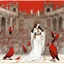 Placeholder: [art by Ralph Steadman] Circe the incredible nymph with lovely braids in Sistine Chapel, she is surrounded by cardinals in the conclave