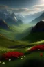 Placeholder: valle con flores de color rojo, pasto verde y corto, alrededor, montañas rocosas y nevadas, la luz solar enfocando el valle y el resto en sombras, ultra detallista