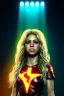 Placeholder: portrait, Shakira, blonde, angry, Realistic image, superhero, watchmen style, make-up, gold make-up, sweat, fog, goddess style, Neon colors, leds. Black background, photo studio, concept art, smooth, unreal engine 5, god lights, ray tracing, RTX, lumen lighting, ultra detail, volumetric lighting, 3d, finely drawn, high definition, 4k.