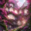 Placeholder: a magical flower bougainvillier fuksia house in the woods, pink vertical, sharp, vines, candlelit, endor, ornate, elegant, highly detailed, artstation, concept art, smooth, sharp focus, illustration, 8k, splash art, wallpaper, key visual