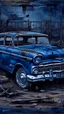 Placeholder: Bosch painting style nightmare , an old abandoned 1960 a dark blue full view Ford car