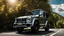 Placeholder: A sleek rear view of (((a cross of porsche and G-Wagon))), on street, with hill and trees around, a beautiful clouds and sunny weather, 4K, Superdetailed, No mistakes
