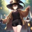 Placeholder: Clear focus, High resolution, short brown spiky hair, hair between eyes, eyes closed, wearing a brown detective hat, wearing a brown jacket and a black shirt, wearing black shorts, 1girl, pulling hat down, smiling, wearing a oversized jacket