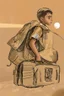 Placeholder: A Palestinian child carries on his shoulders a large bag with windows and doors