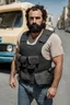 Placeholder: half figure photography of a 31 year old beefy burly sicilian plumber, wearing his work unbuttoned uniform, bulge, leaning with his back to his van, arms folded and angry look, , hairy chest, big belly, very virile, long black beard, very short hair, sweat, , in a sunny street, photorealistic