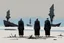 Placeholder: (((three)) long-legged lean determined black-grey monks with ((beak-shaped heads)) (wearing white khiton) standing in front of a boatwreck on a radioactive beach, front view, acrylic painting, minimal art, centered, wild sparse brushstrokes, amazing verticals, great parallels, low bleak colors of gray, blue and black, excellent negative space contrasts