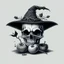 Placeholder: drawing of a Skull with a Witch hat, Skull has ghost eyes and is eating from a poison apple.