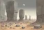 Placeholder: Grey sky with one planet in the horizon, rocks, cliffs, sci-fi, rocky arid land, 90's sci-fi movies influence, rodolphe wytsman and friedrich eckenfelder impressionism paintings