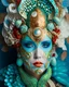 Placeholder: Beautiful woman portrait, adorned with m white blue and turquoise metallic filigree floral embossed and jade and malachite ribbed mineral stone colours and beige eggshell ocous and sea horse colour and brown and coralls red mollusk shell headdress, venetian style mollusk shell face masque and wearing sea costume armour ribbed with irridescent bioluminescense Golden dust and mollusk shell ribbed costume organic bio spinal ribbed detail of full extremely detailed hyperre