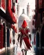 Placeholder: Assassin creed con dagas y espadas caminando por Venezia arte digital hiperdetallado detalles intrincados obra de arte rojo blanco 8k